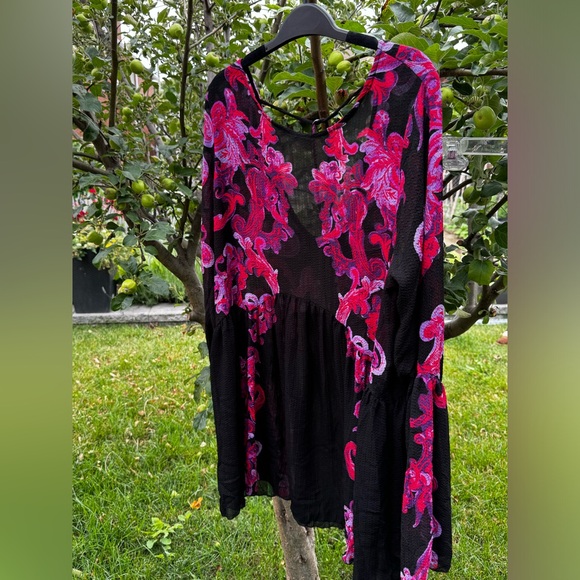 FREE PEOPLE Printed Symphony Black & Purple Long Sleeve Printed Slip Dress, Sz L - Picture 10 of 15